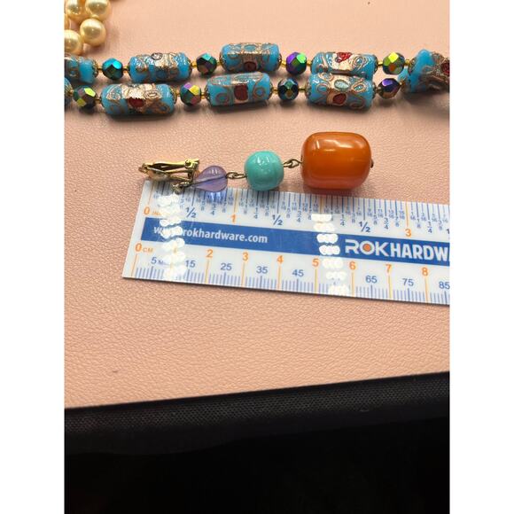 Vintage Butterscotch Egg Yolk Bakelite Blue Purple Glass Dangle Earrings - Picture 7 of 7